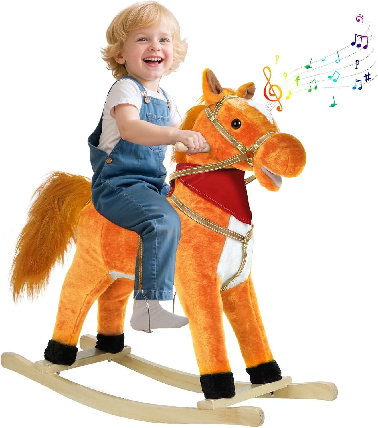 Rocking Horses Ages 1-3, Plush Ride on Animal with Wooden Rockers, Moving Mouth and Wagging Tail, Musical Sounds, 110lb Weight Capacity Light Brown Large