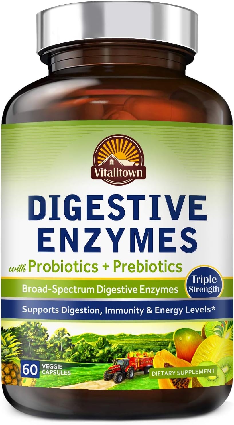 VITALITOWN Digestive Enzymes Plus Probiotics & Prebiotics | Kosher Friendly, Vegan, No Gluten | Amylase, Lactase, Lipase, Papain | Boost Digestion Immunity | Non-GMO, No Yeast, Low Carbs | 60 Caps