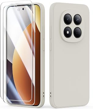 Case for Xiaomi Redmi Note 15 Pro 5G Case with 2 Pack Tempered Glass Screen Protector, Liquid Silicone Shockproof Anti-Scratch Soft TPU Thin Phone Cover - Beige White