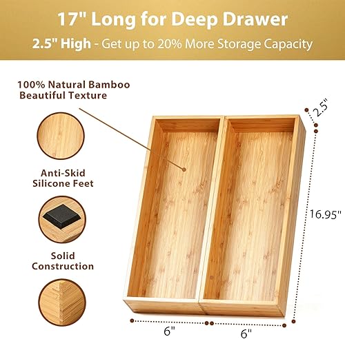 Miniatura 2 de Umilife Organizador de utensilios de cocina de bambú, portacubiertos de cajón alto extra largo, caja de almacenamiento de cubiertos planos, divisor