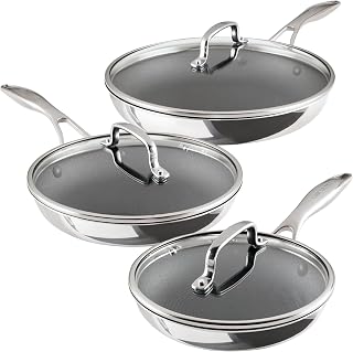 C1 Series Clad Stainless Steel with ScratchDefense Technology Cookware Nonstick Induction Frying Pans/Skillets with Lids, Metal Utensil Safe, 6 Piece Set - Polished Stainless Steel