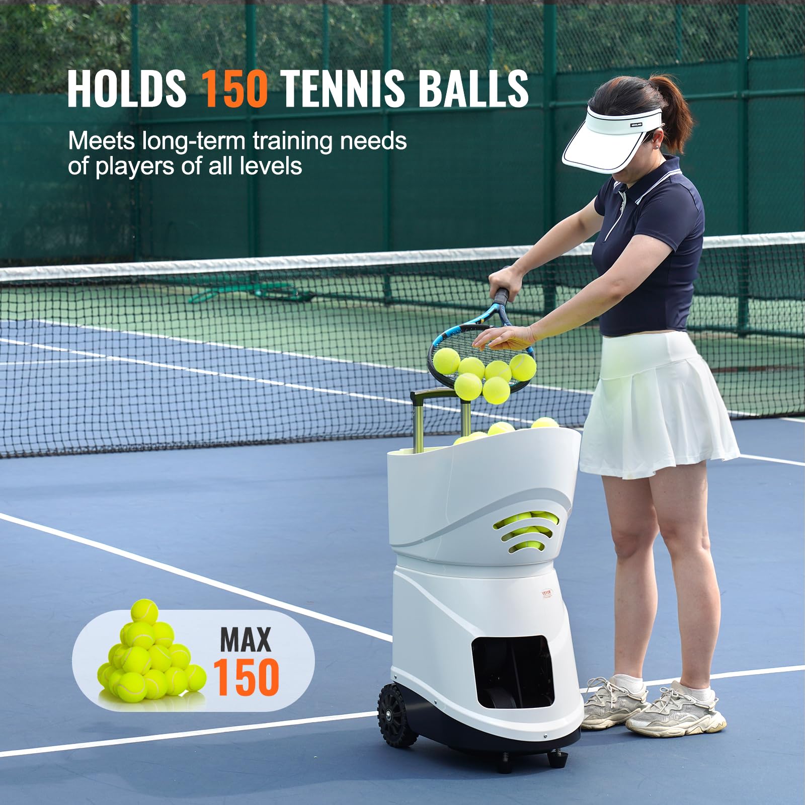 VEVOR Lancia Palline Tennis Automatico Portatile, Macchina per Palline da Tennis, Lanciatore 150 Palline, Trapano Multimodale 5 Motori, Oltre 2 Ore Gioco, Batteria Ricaricabile, Controllo Remoto App