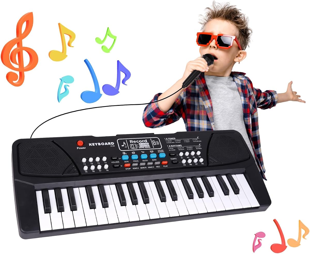 Kids Piano Toys - Teclado musical de 37 teclas para niños pequeños con micrófono | Altavoz dual, juguetes educativos musicales, regalo de cumpleaños para niñas de 3 4 5 6 7 8 años, negro