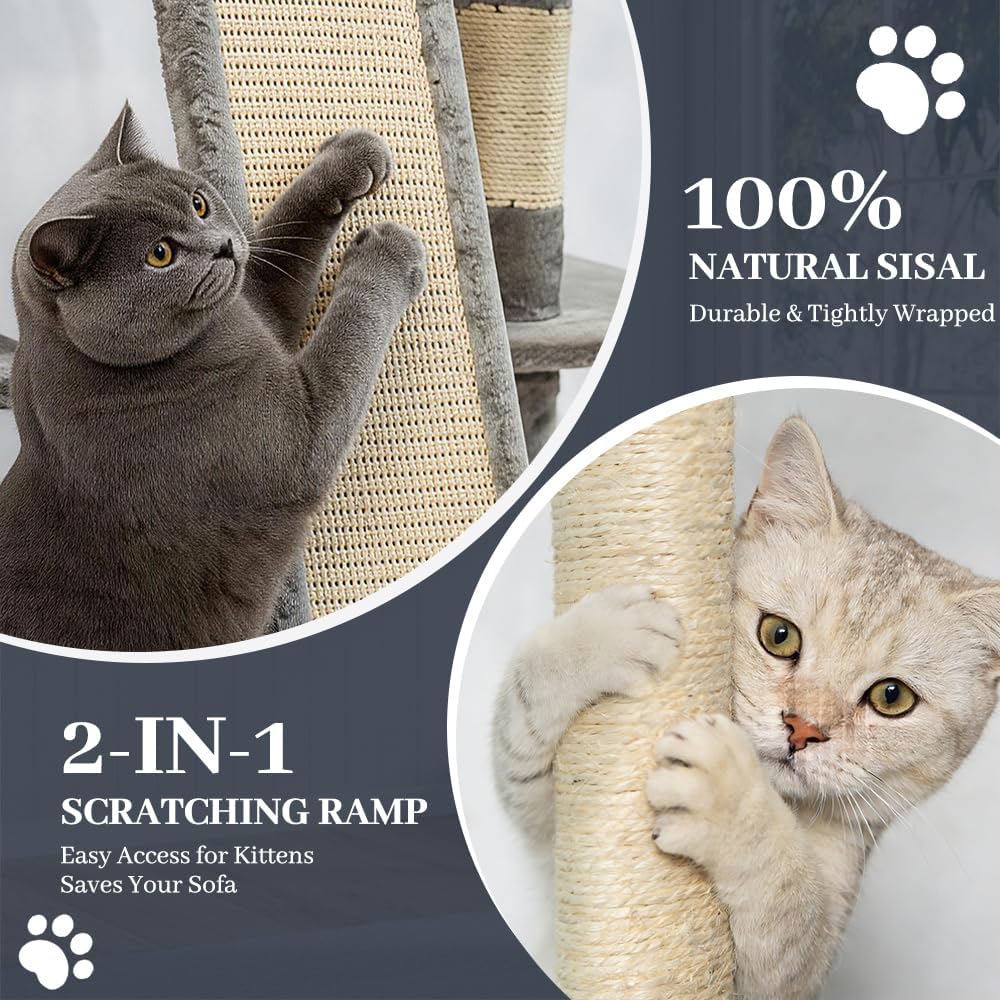 FOOWIN 68 Inches Big Multi-Level Cat Tree, Tall Multi-Cats Tower with 2 Big Cat Condo &Cat Hair Brush, Large Cat Tree with 3 Padded Plush Perches & Scratching Posts for Kittens (Light Grey)