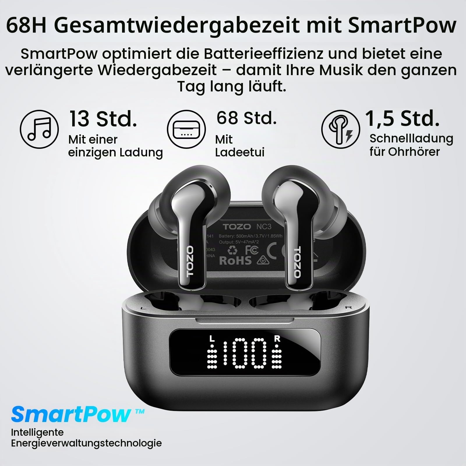 TOZO NC3 Kabellose Bluetooth In Ear Kopfhörer ANC mit Digitalanzeige IPX8