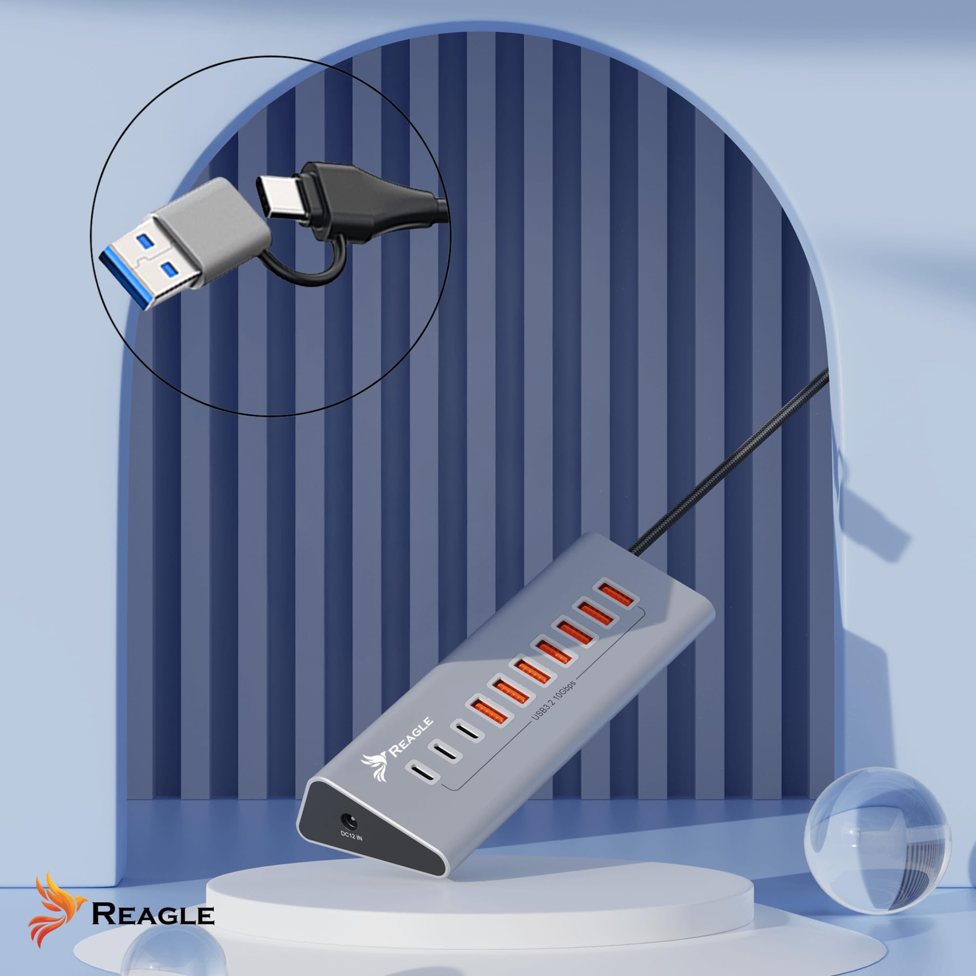 REAGLE 10-portowy koncentrator USB 3.2 z kablem 100 cm do komputera stacjonarnego, 10 w 1, 7 portów USB-A i 3 x USB-C, 36 W, Plug and Play, aluminiowy dystrybutor USB 10 Gb/s, do komputera, laptopa