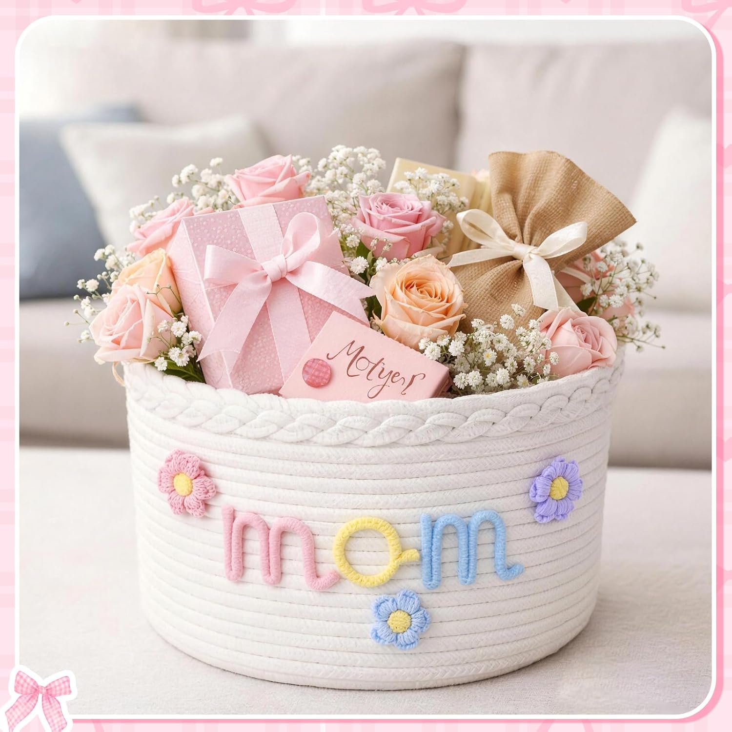 Hushee Mom Birthday Gift Basket Empty Mother's Day Mom Mama Cotton Rope Storage Basket Gift Bag Empty Storage Organizer 11.8" x 7" for Mama Mommy Mother's Day