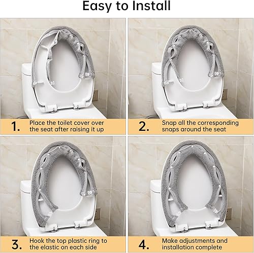Miniatura 7 de Funda para asiento de inodoro, calentador suave y grueso con broches fijos, elástico, lavable, tela de fibra lavable, fácil instalación y limpieza