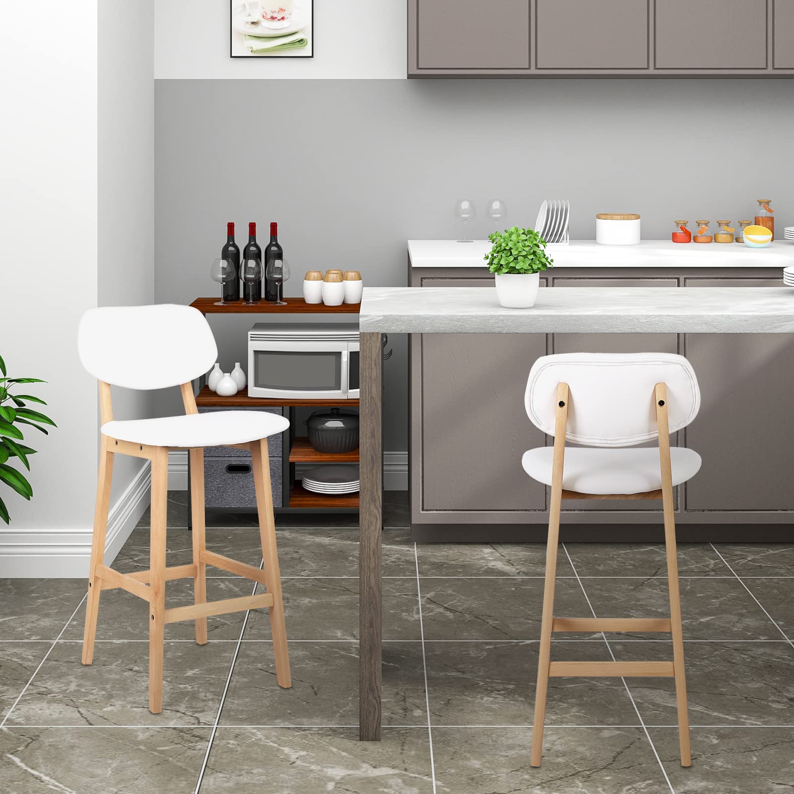 WOLTU Sgabelli bar Set di 2, Sedia Alta Cucina con Schienale e Poggiapiedi, Sgabello per Isola Cucina, Sala da Pranzo, Bistrot, Pelle Sintetica+Legno Massello, Bianco