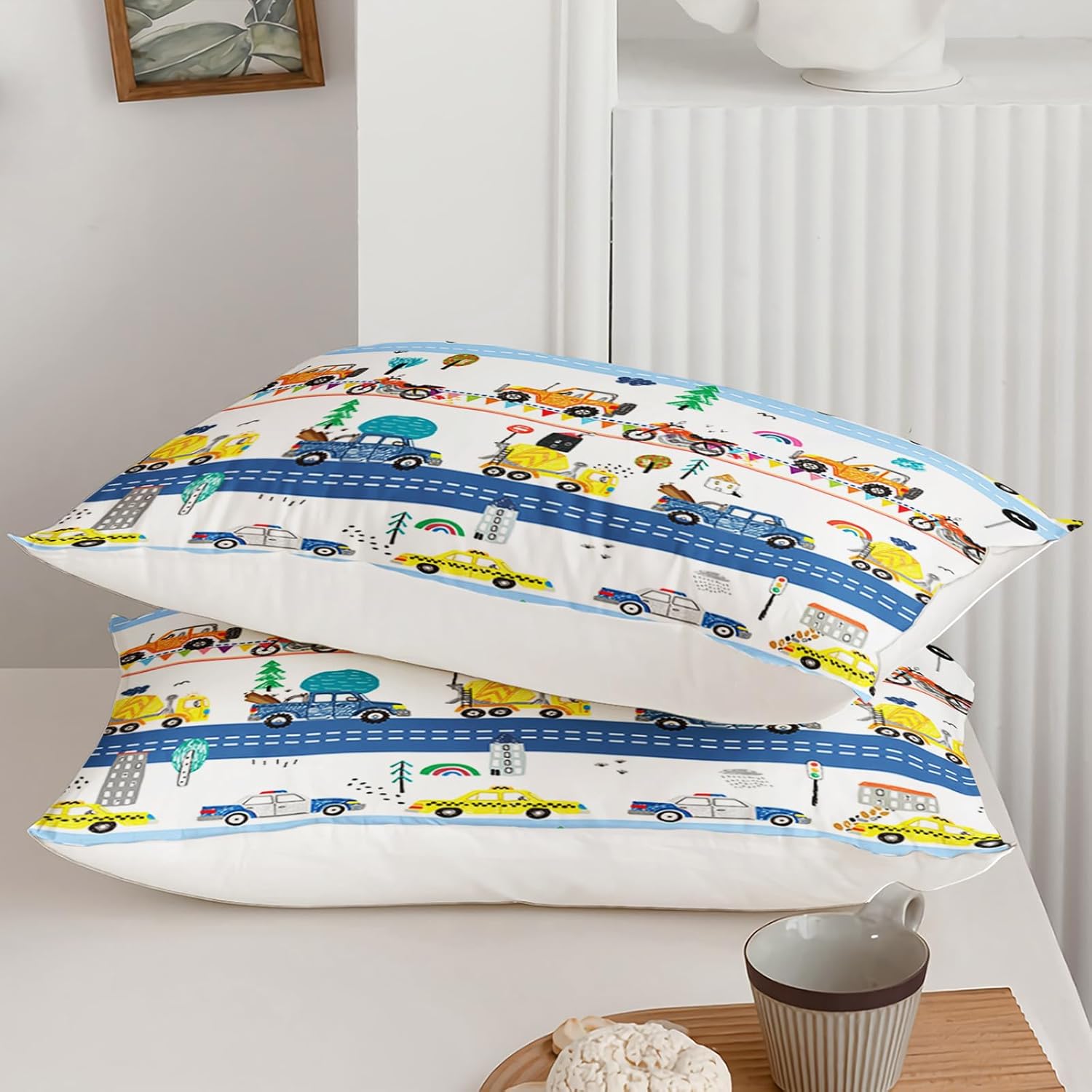 Cartoon Excavator Comforter Set Queen Size, Cartoon Construction Car for Kids Boys Room Decor, Automobiles Rainbow Lightweight Soft Comforter with 2 Pillowcases.