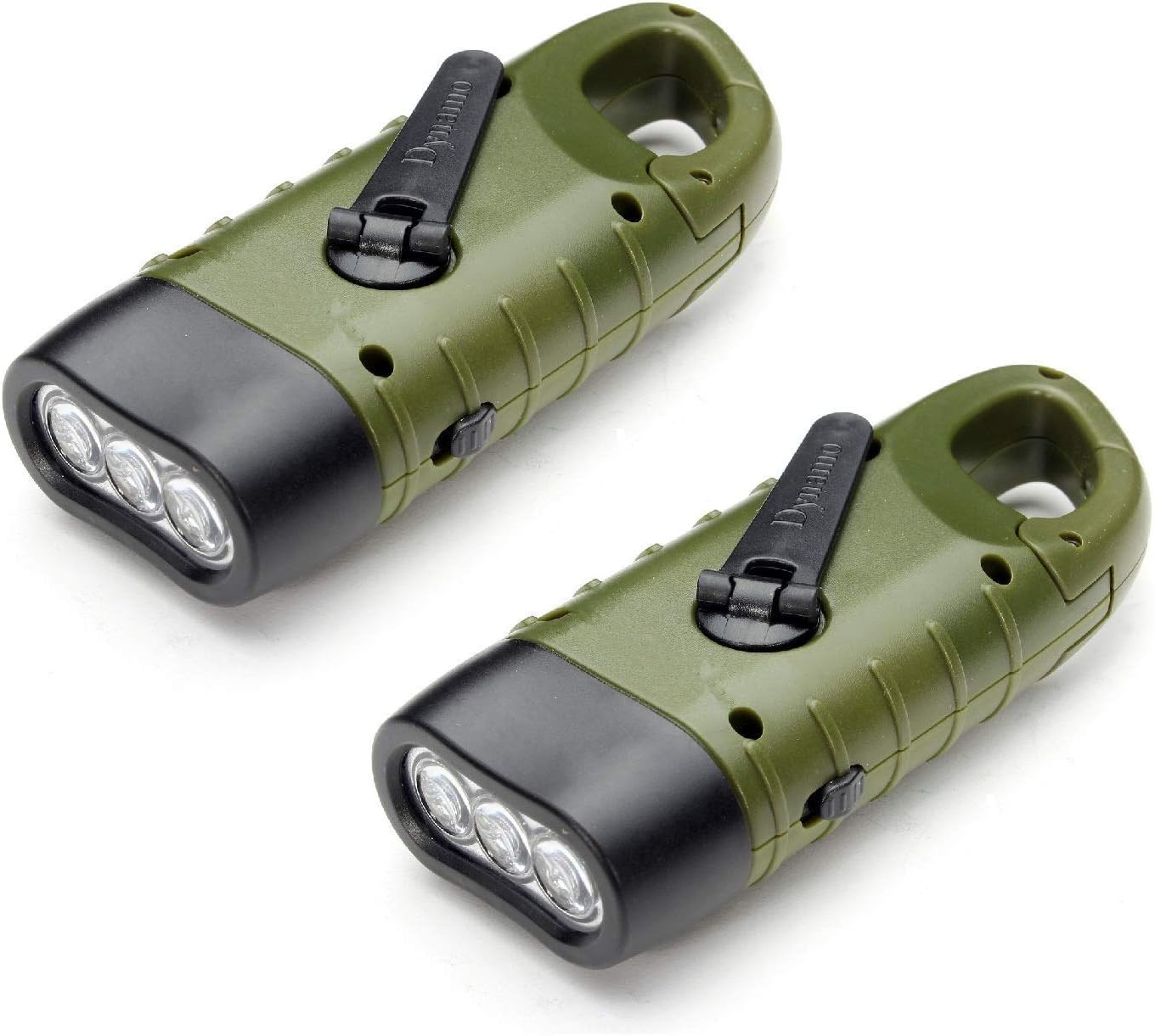 VADIV Hand Crank & Solar Emergency Flashlight(Pack of 2), Rechargeable LED Torch Dynamo Wind Up with Quick Snap Clip for Hiking Traveling Camping Climbing, Army Green