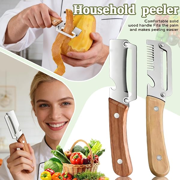 2pcs Multifunctional Peeler,Stainless Steel Peeler with Wooden Handle,Versatile Peeler,Peeling, Slicing and Integrated Bottle Opener,Canning Tool Kitchen Peeler (Couper + peler(Poignée en bois)) - 3