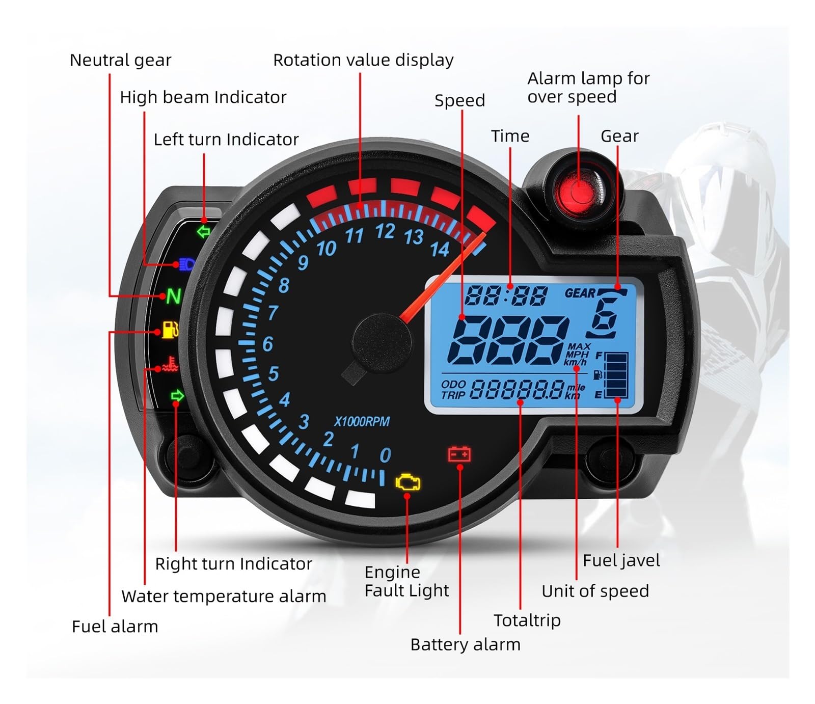 Velocímetro Digital para de alarma | Medidor de tablero de motocicleta de 12 V, odómetro digital de 7 colores, tacómetro con lámpara de alarma