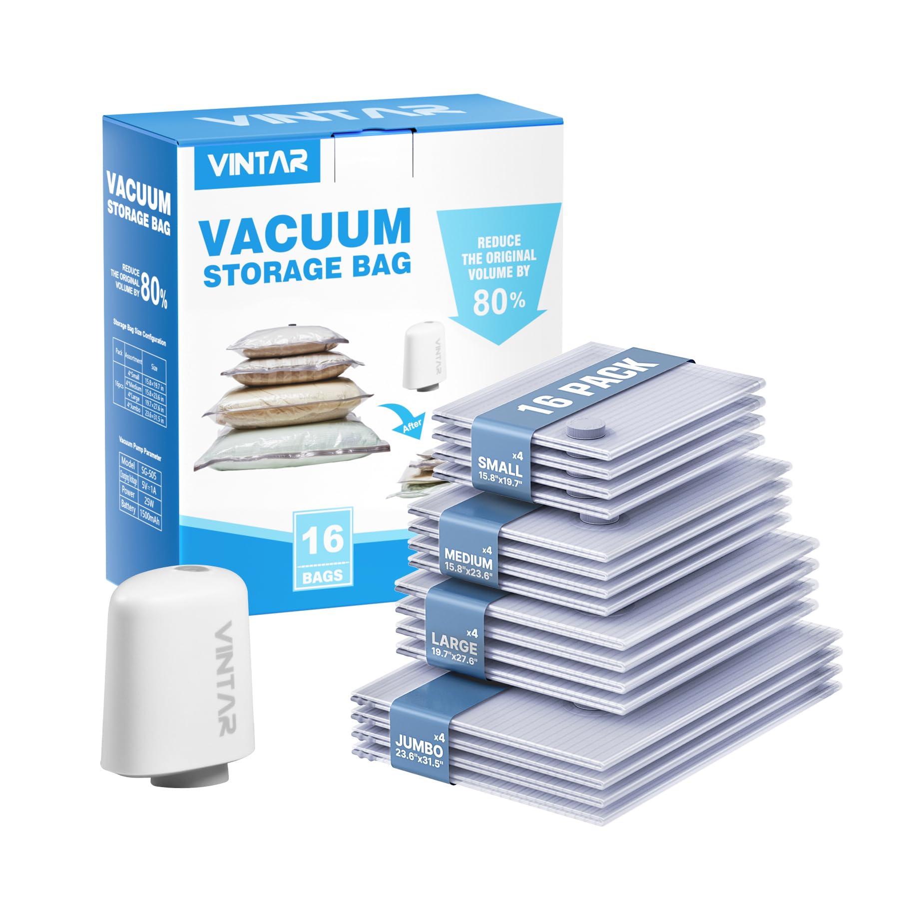 Vacuum Storage Bags for Travel with Rechargeable Cordless Pump, VINTAR 16 Pack Space Saver Bags (4J+4L+4M+4S) for Luggage, Suitcase, Clothing, Blankets & Pillows