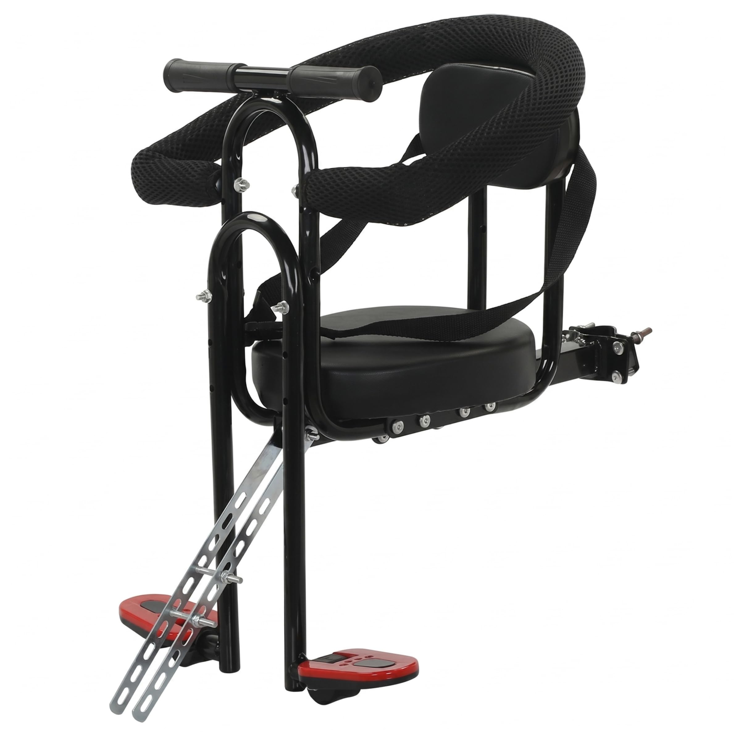 Ngbbby Child Bike Seat, Steel Toddler Bike Seat Two-Point Fixed Seats with Adjustable Foot Pedals & Guardrail, Black, baby