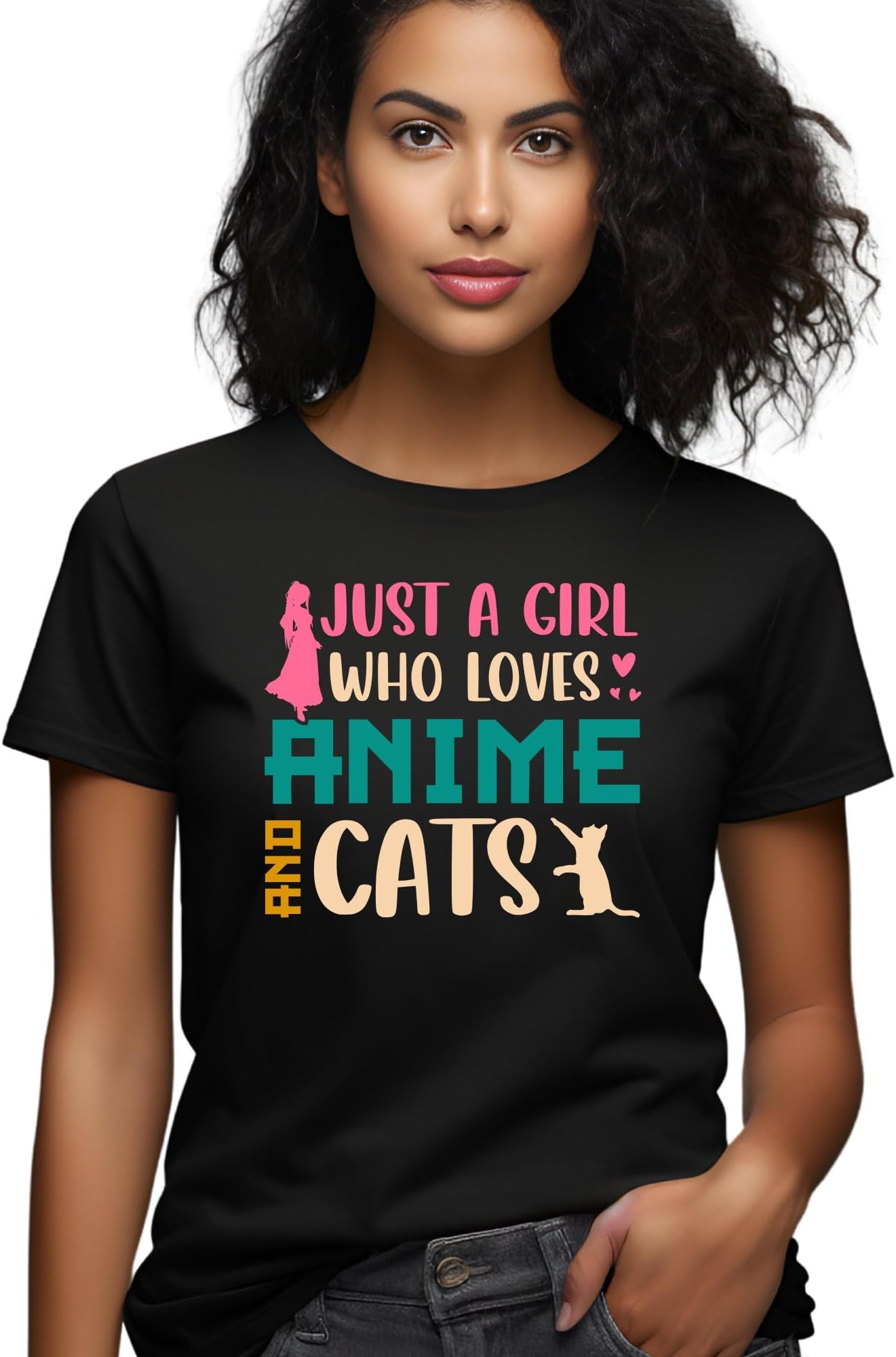 Seek Buy LoveJust a Girl Who Loves Anime and Cats T-Shirt, Cute Manga Cat Lover Tee, Women's Casual Shirt, Gift for Anime Fans