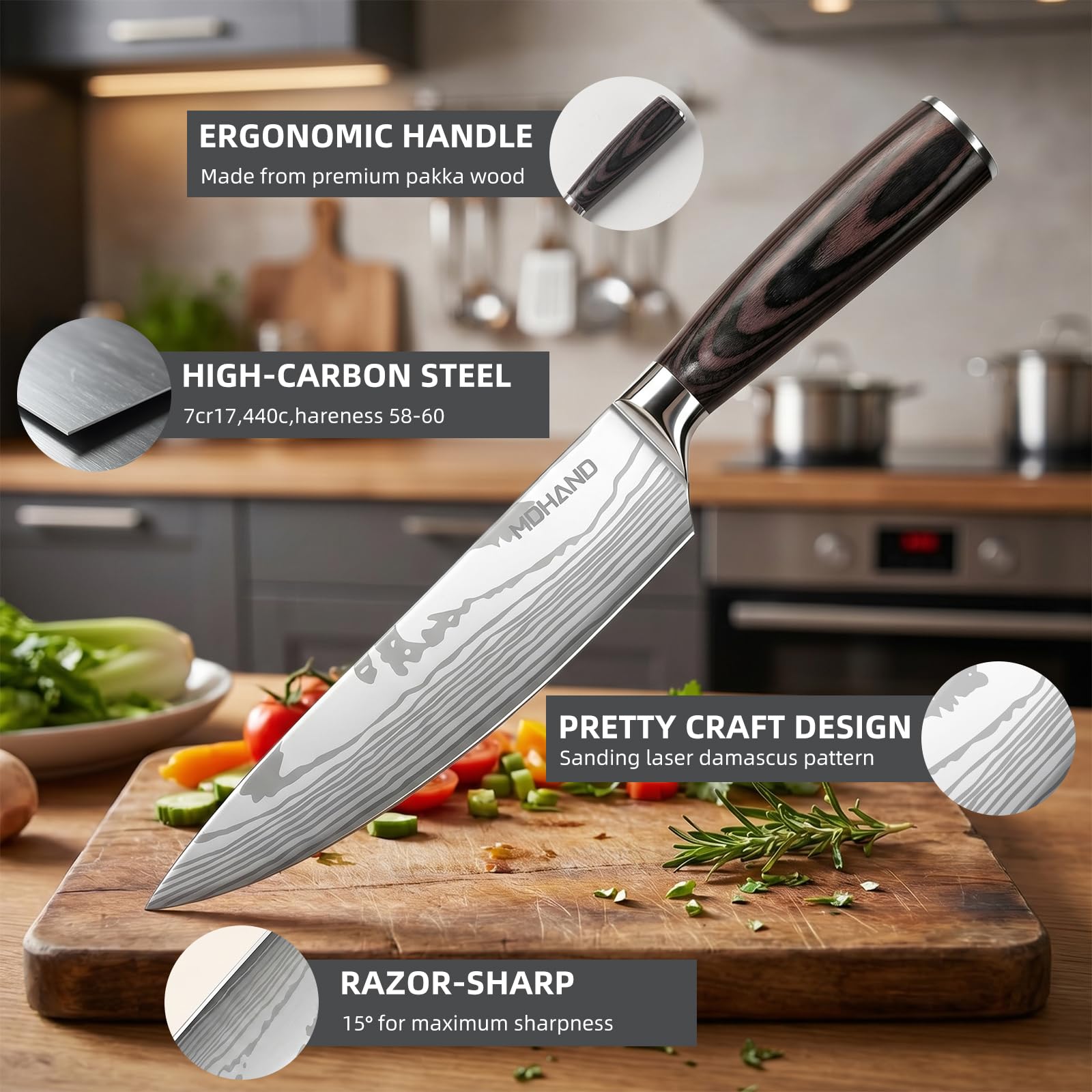 MDHAND Coltello da Cucina Coltello da Chef da 20 cm Coltello Professionale in Acciaio Inossidabile ad Alto Tenore di Carbonio Lama Extra Affilata, Coltello Multiuso