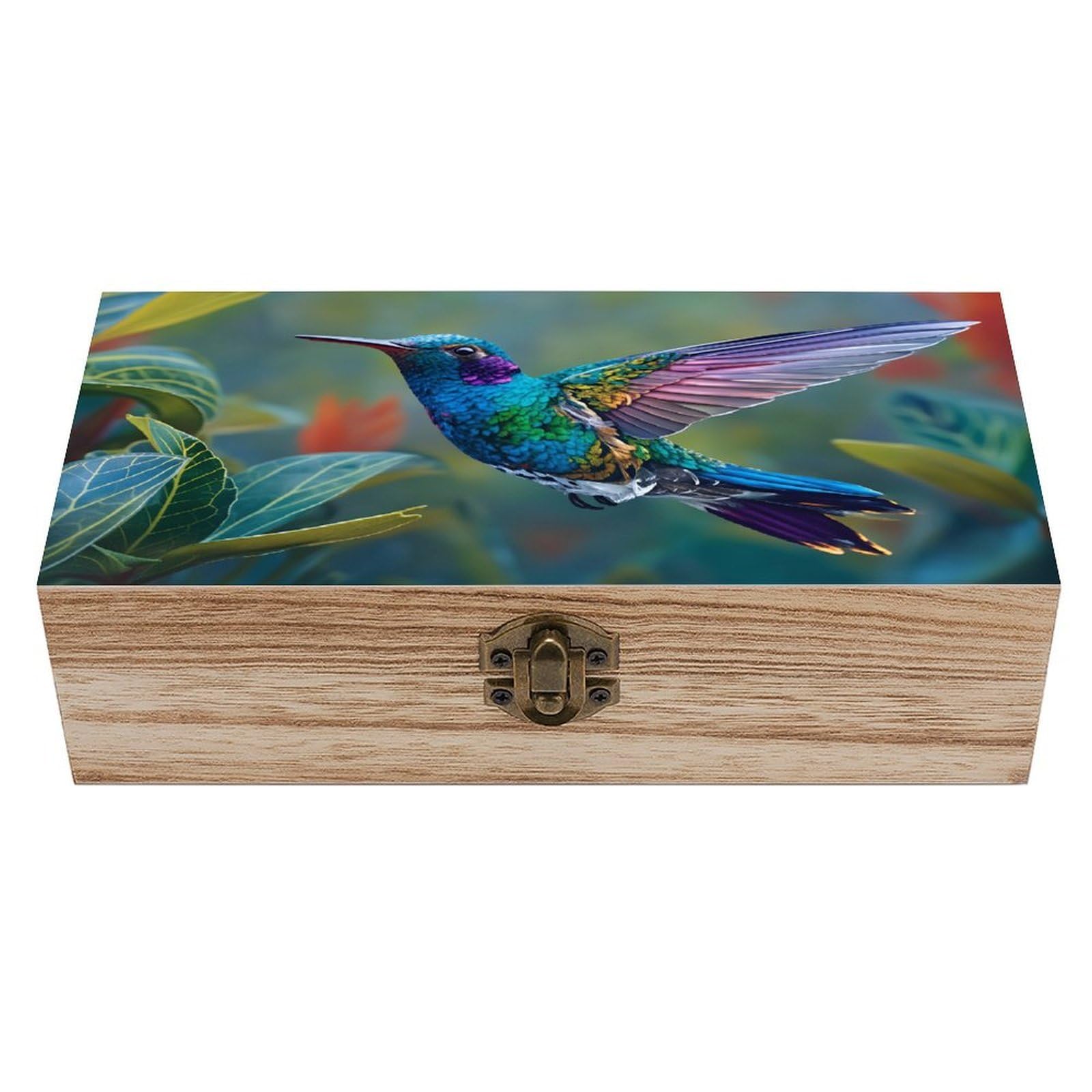 SMAZDFXX Colorful Hummingbird Wooden Keepsake Box Vintage Solid Wood with Hinged Lid 7.9"×3.7"×2.3" Metal Latch Rustic Home Decor for Jewelry Photos And Trinkets