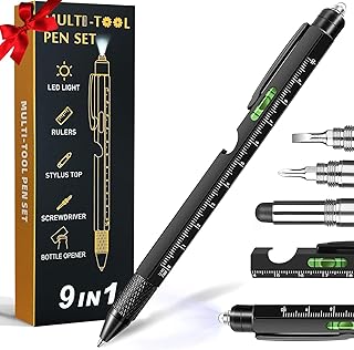 Gifts for Men, 9 in 1 Multitool Pen Set - LED Light, Touchscreen Stylus, Ruler, Level, Bottle Opener, Phillips Screwdrive...