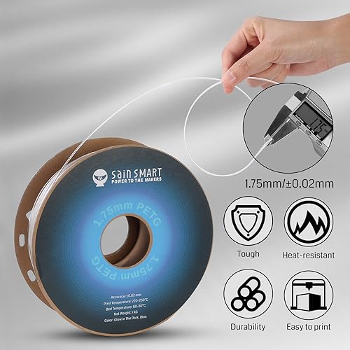 Miniatura 2 de SainSmart Grow in The Dark Blue PETG Filamento para impresora 3D PRO-3 PETG de 0.069 in, azul brillante, carrete de 2.2 libras, precisión