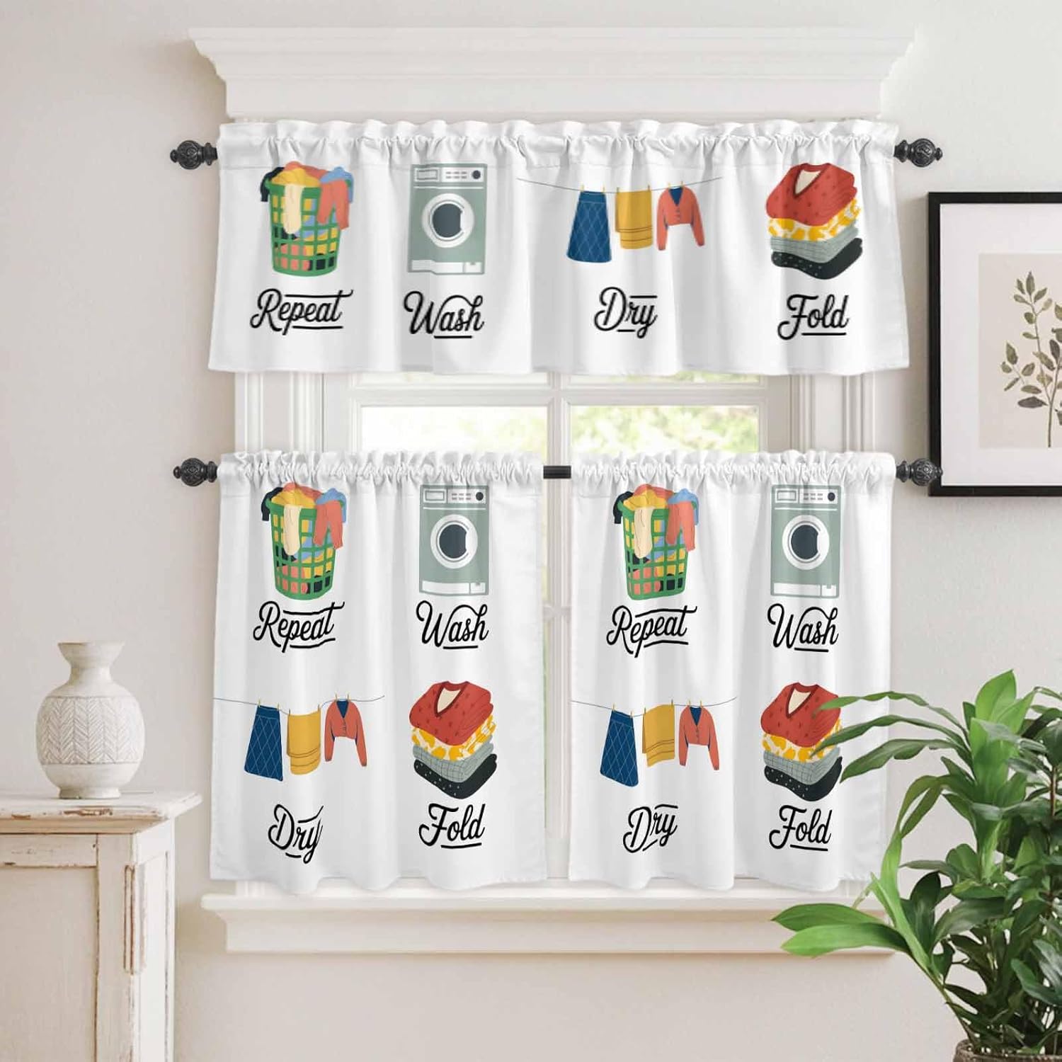 Curtain Tier and Valance Set 3 Piece Semi Sheer Rod Pocket Valance Small Half Window Tier Curtains Laundry Routine Wash Cloths Dry Fold White Valances for Kitchen 27.5"x24"