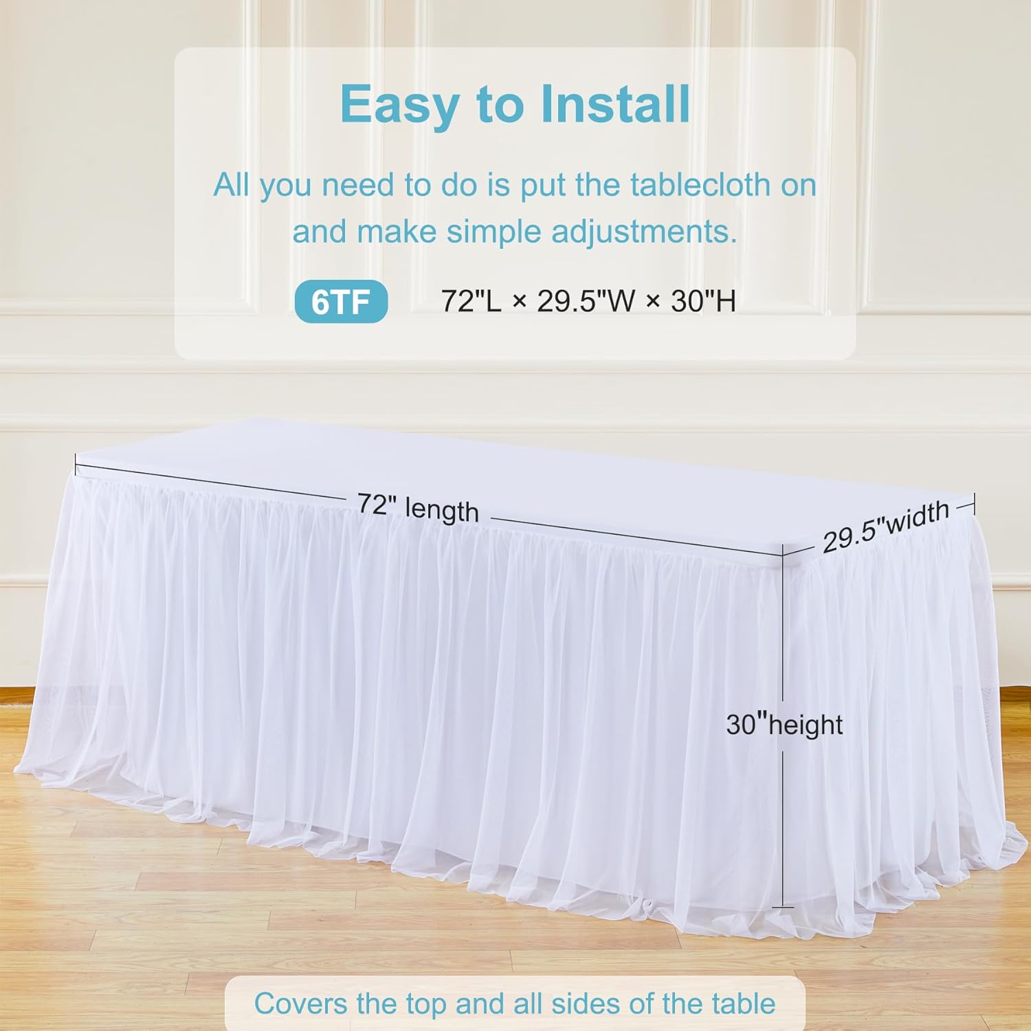 White Tulle Table Cloths for 6 Foot Rectangle Tables, White Tulle Table Skirt Table Cover 6ft Desk Skirt Party Banquet Tablecloth Baby Shower Fabric Elastic Stretch Fitted Ruffle Wedding Table Cloths