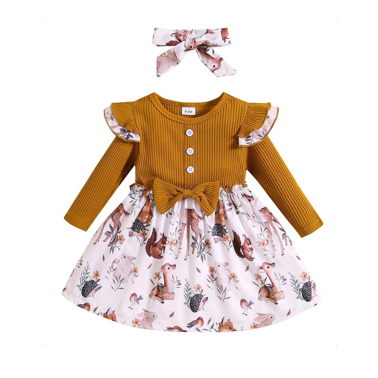 KONFEN Vestido de Bebé Niña - Conjunto de Vestido Navidad de Manga Larga Volantes con Arco + Diadema, Punto Acanalado Vestido Conjunto de 2 Piezas para Bebe Niña 0-3 Años (Patrón de Navidad/Animales)
