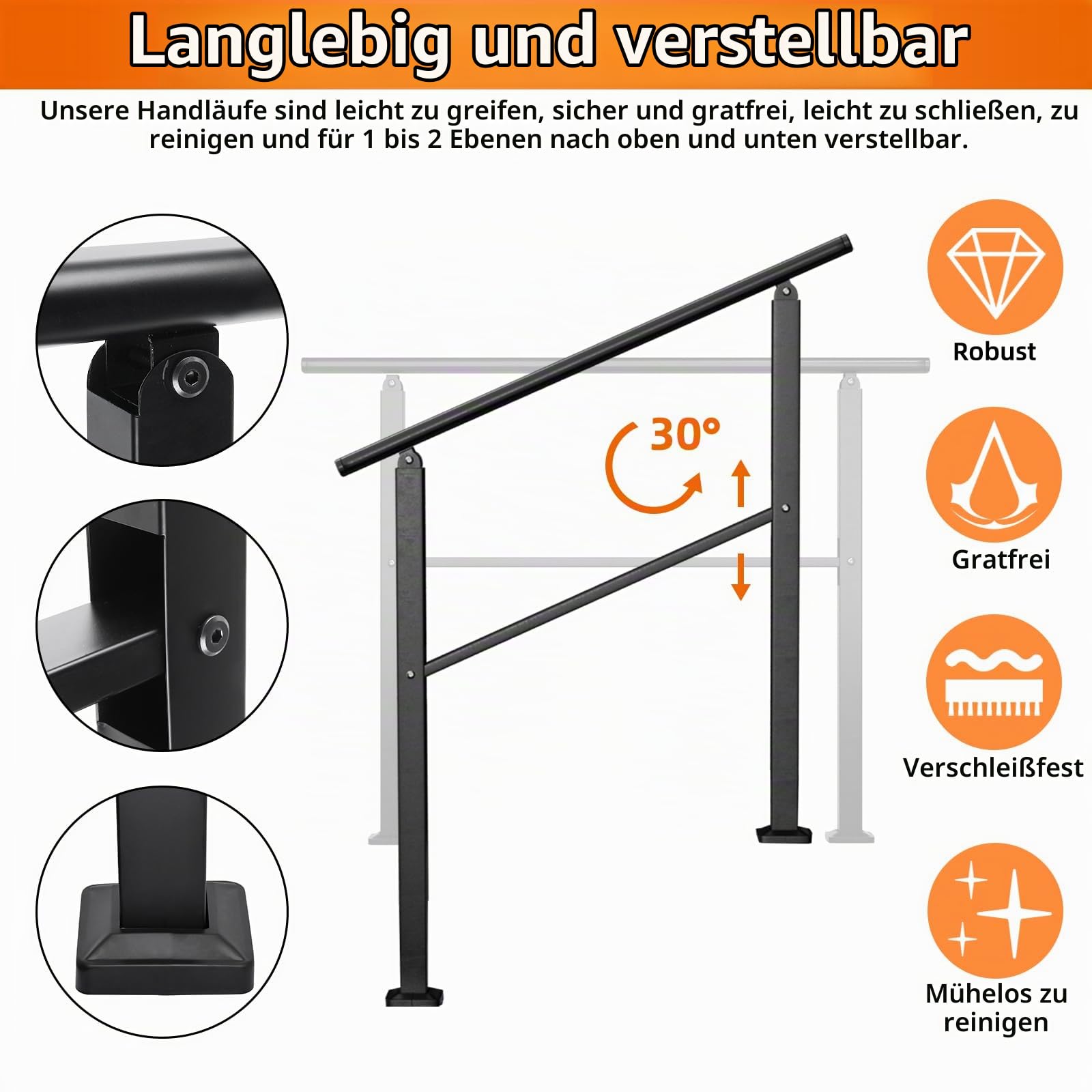 Homtone 90x90cm Treppengeländer, Mattschwarzes Eisen Handläufe für Treppen im Freien Fit 2 bis 3 Schritte Übergangsgänder mit Installationssatz Handlauf Edelstahlschrauben, für Garten, Garage, Veranda