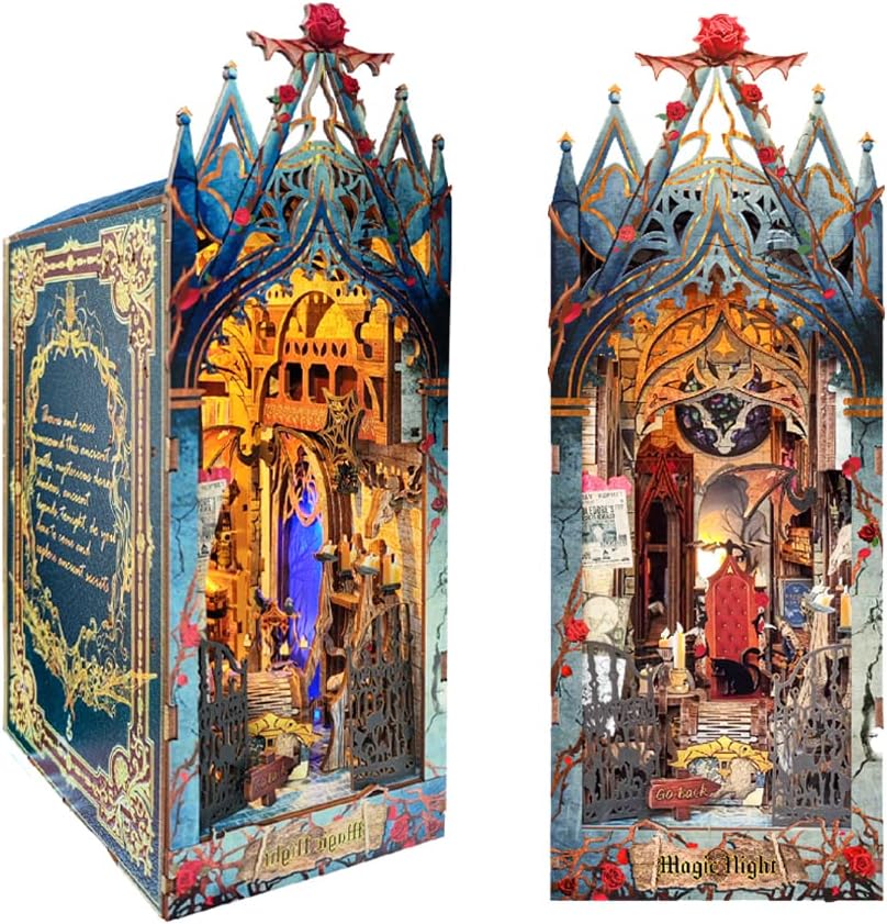 Book Nook Miniature House Kit DIY Wooden Dollhouse Bookends for Bookshelf Decor/Crafts for Adults 3D Puzzle Building Model Kit with Sensor Light (Twilight Castle)