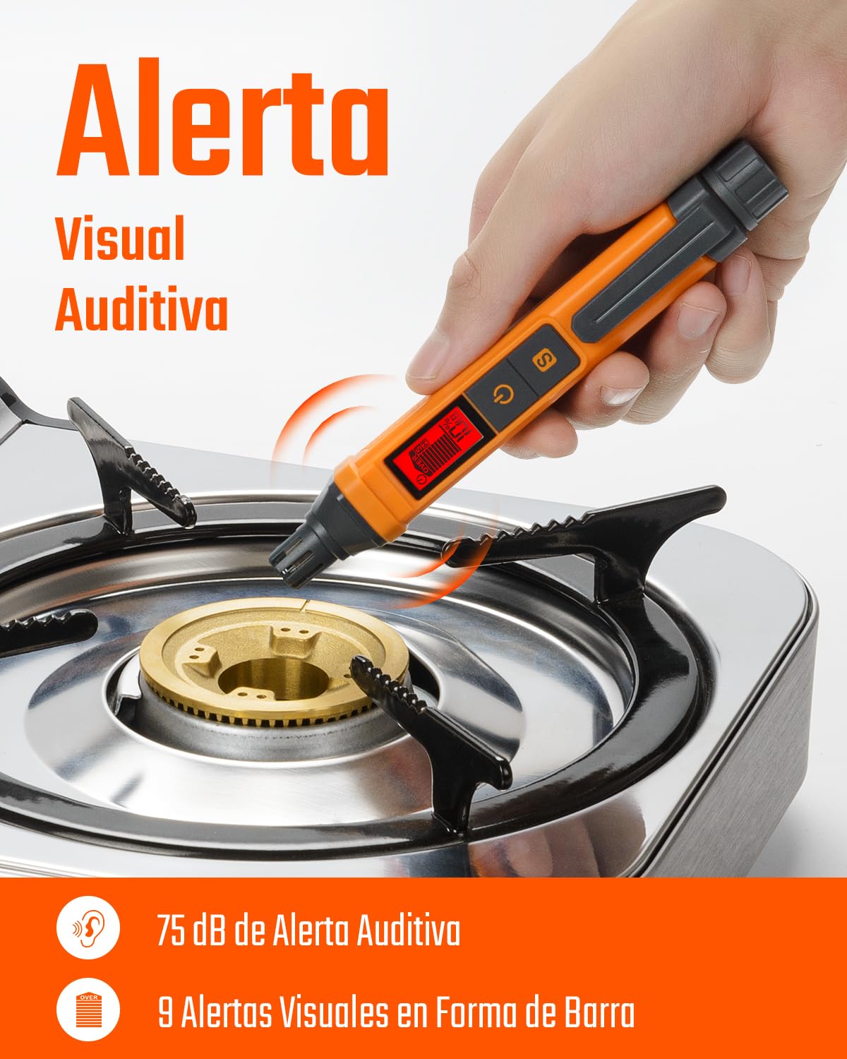 Detector de Gas TopTes PT205, Detector Fugas Gas Natural con Alarma Sonora y Visual, Detector Gas de Propano, Metano, Butano y Gas Combustible con%LEL, para Hogar y Caravana (Incluye 2 Pilas)-Naranja