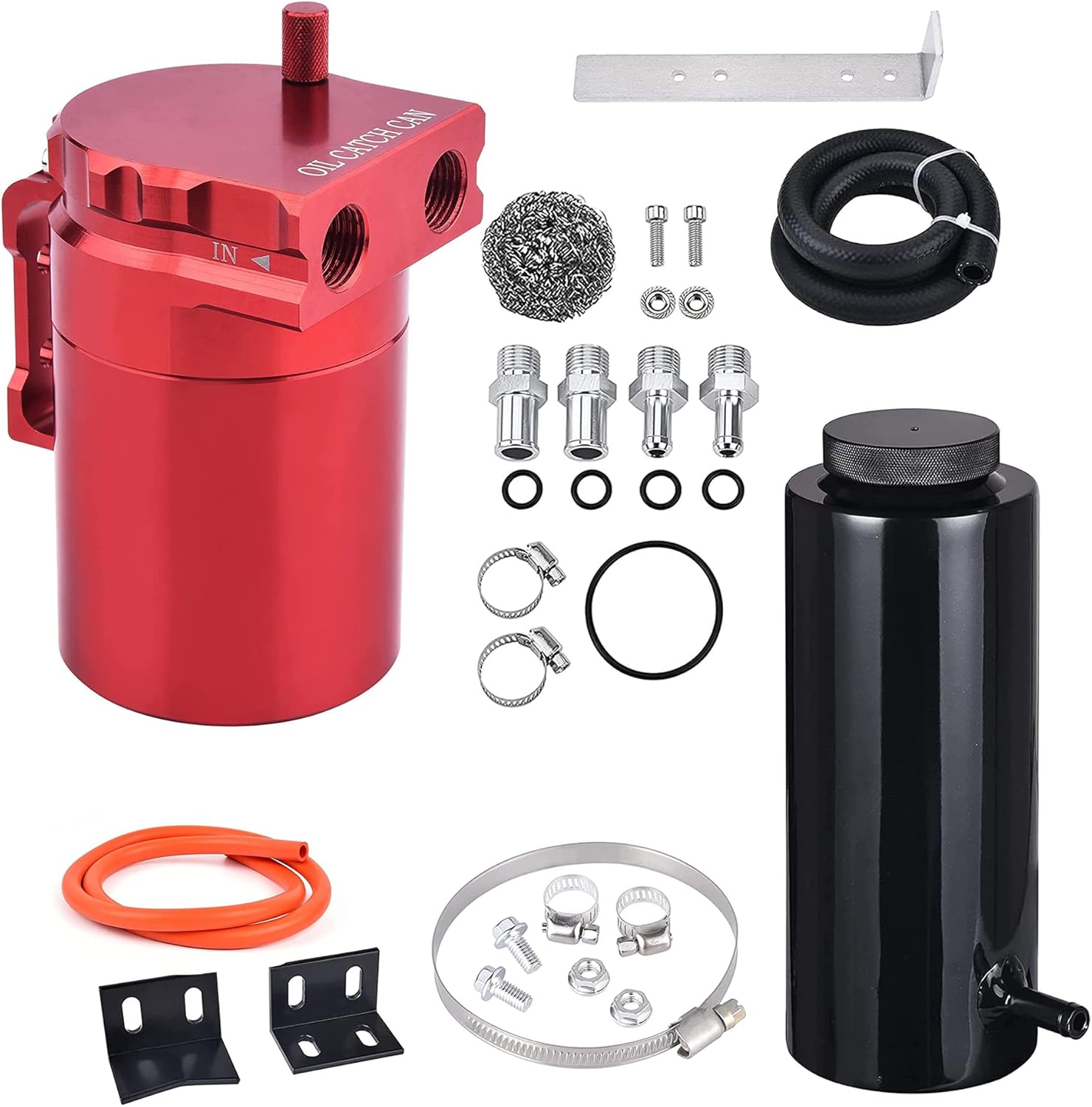 EVIL ENERGY Baffled Oil Catch Can 300ML Red Bundle with 800ML Overflow Tank Black