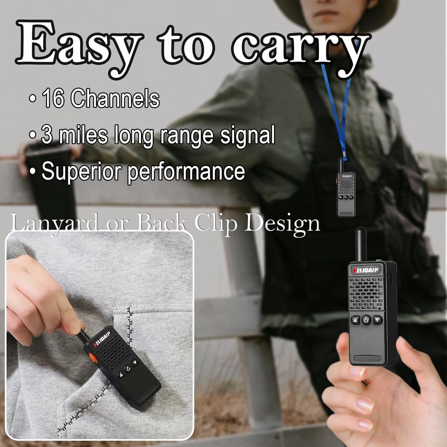 ELIDAIP T-M2 Walkie Talkie showing carrying options with lanyard and back clip