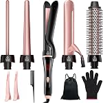 5 en 1 Curling Fer, boucle de curling Set avec brosse thermique plat de lisseur de cheveux en fer Barres en céramique interchangeables (0.35"-1.25") Chauffer instantanément pour les vagues double tension Courboir de cheveux, Cadeaux pour les femmes