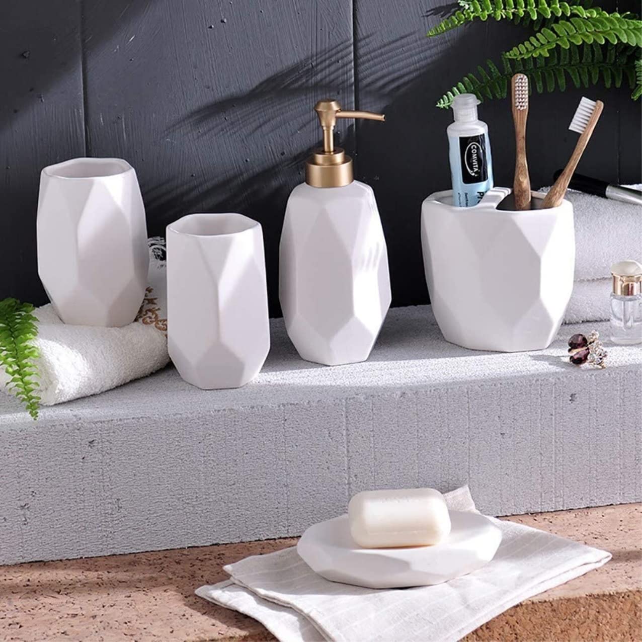 Zestaw Łazienkowy Zestaw Akcesoriów Łazienkowych 5 Sztuk Matowy Ceramiczny Wzór Diamentowy Do Kąpieli Kolekcja Ozdoba Mycia Wystrój Pojemniki(White)