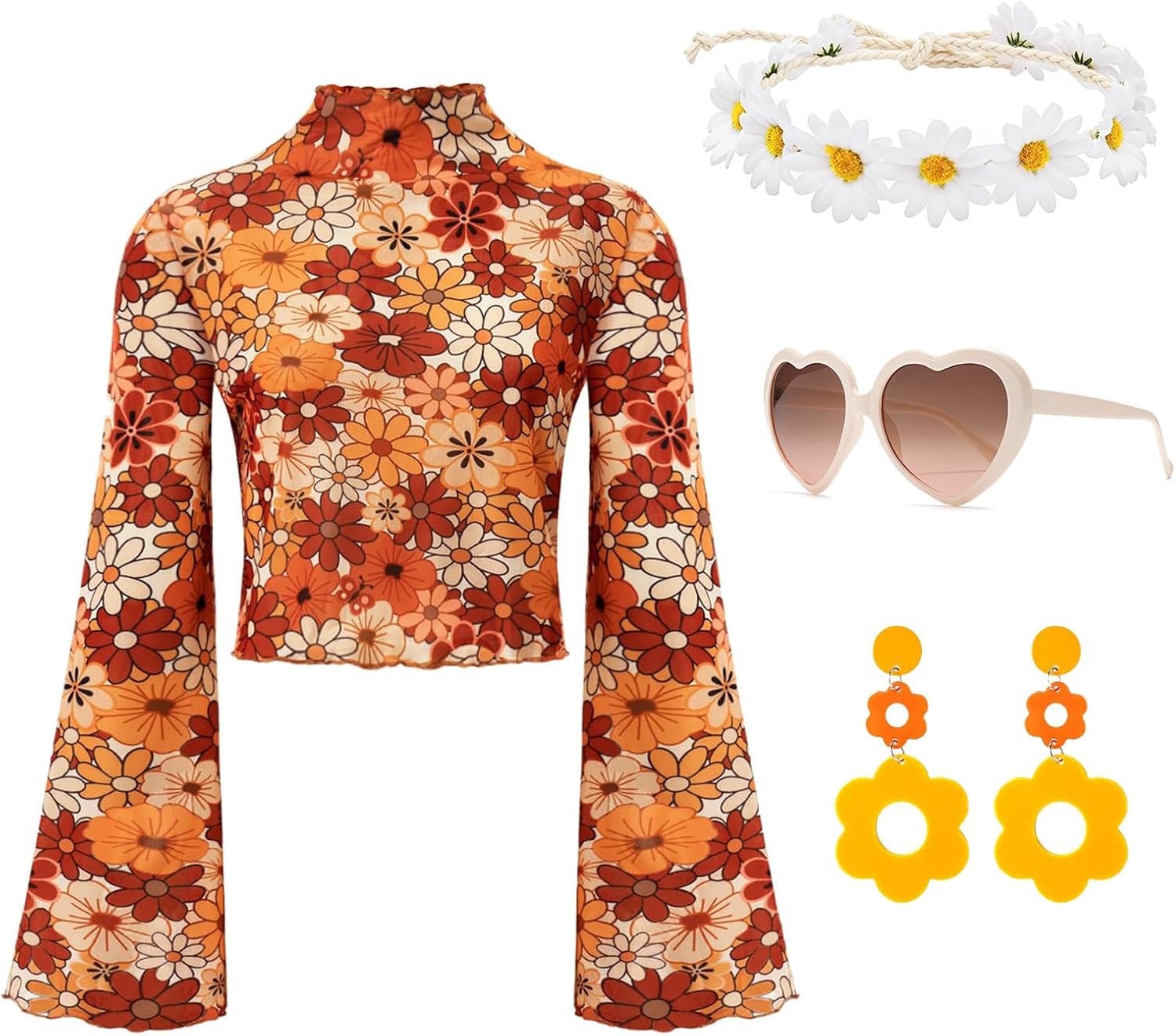 70s Disco Outfits Women 60s Hippie Costume Bell Sleeve Floral Top with Sunglasses Earrings Headband 70s Accessories