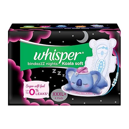 Whisper Bindazzz Nights Koala Soft Sanitary Pads, XXX-Large+ Pack of 4 Napkins