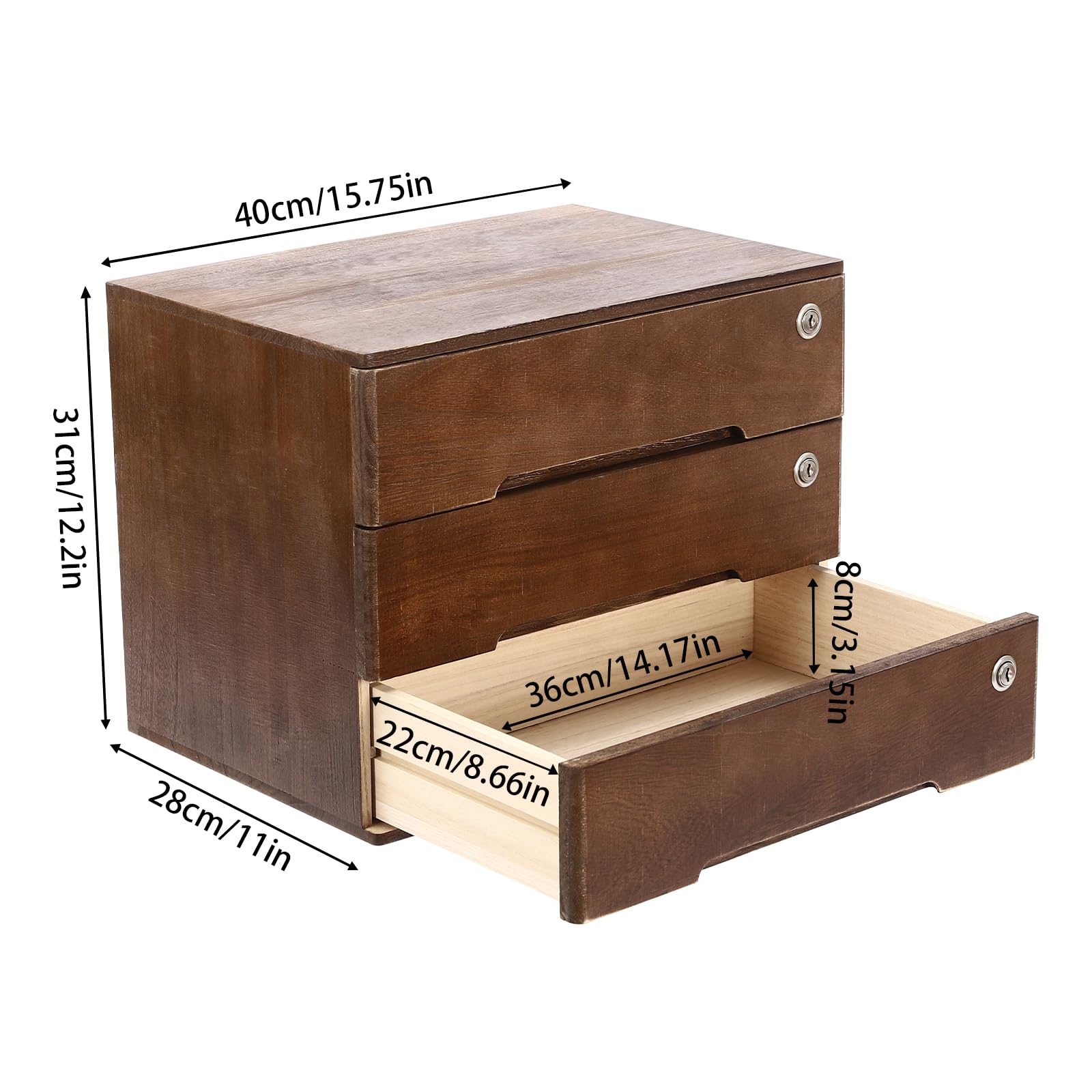 Armadietto portaoggetti da scrivania in legno con 3 cassetti chiudibili, organizer per letteratura, piccolo cassetto per articoli per la casa, kit da cucito, vanità, finitura noce
