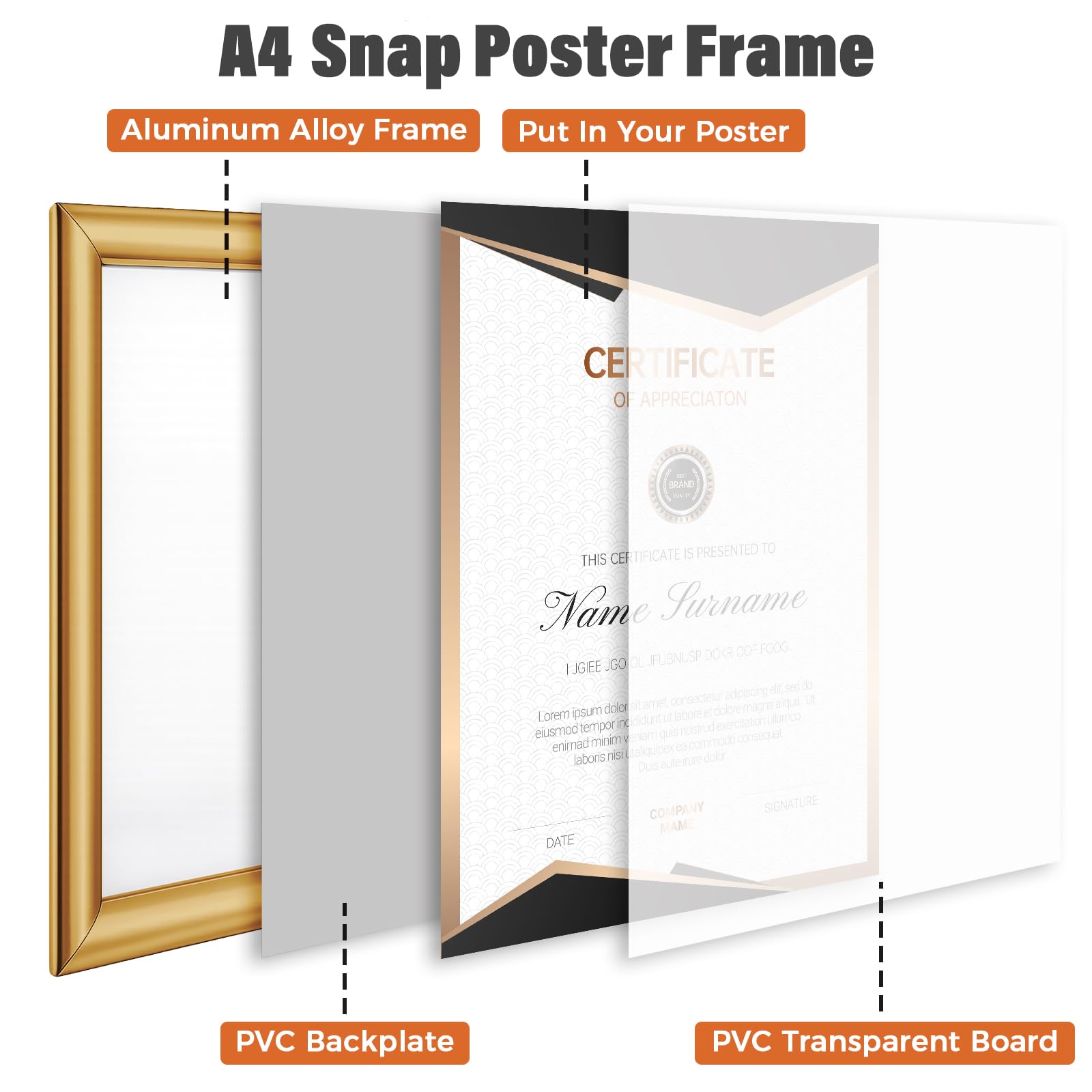 Cornice a scatto A4, 5 pezzi, cornice in alluminio con clip da parete