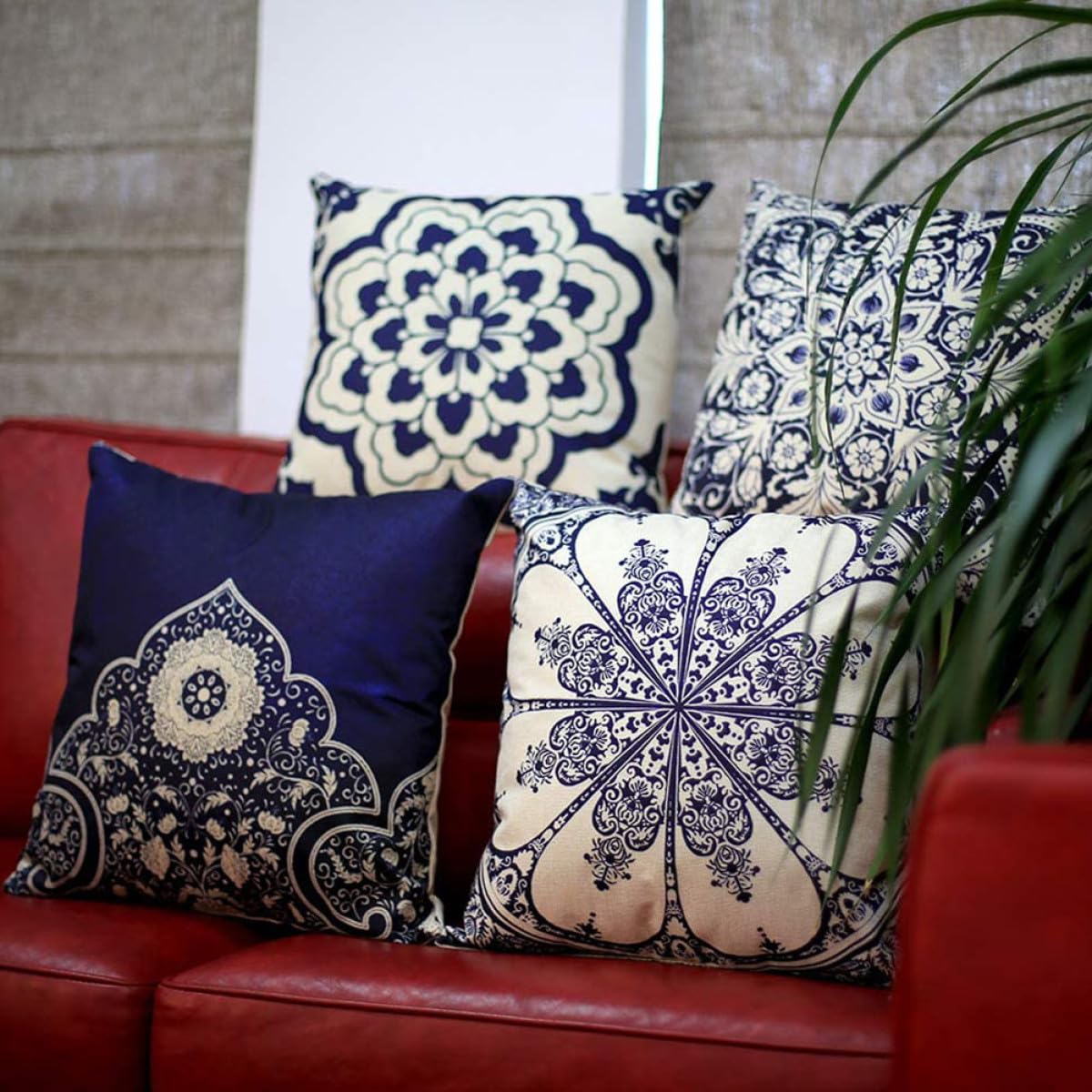 Set 4 Copricuscini in Lino Quadrati 45x45 Cm Motivo Floreale Stile Cinese, Federe per Cuscino Cerniera per Divano, Letto e Poltrona, Decorazione Casa e Ufficio