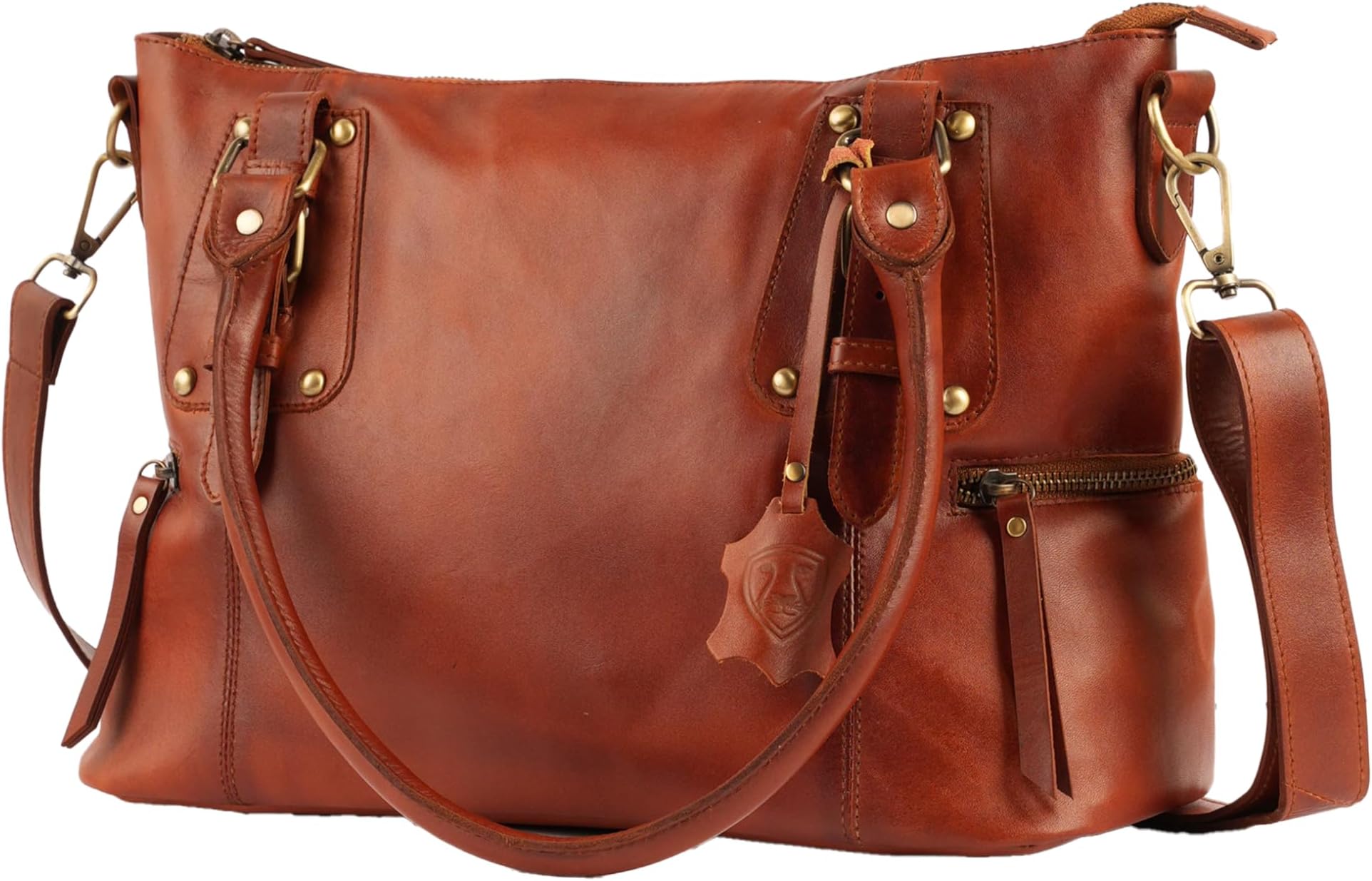 Women Genuine Leather Handbag Shoulder Bag Full Grain Real Leather Cognac SLG-2