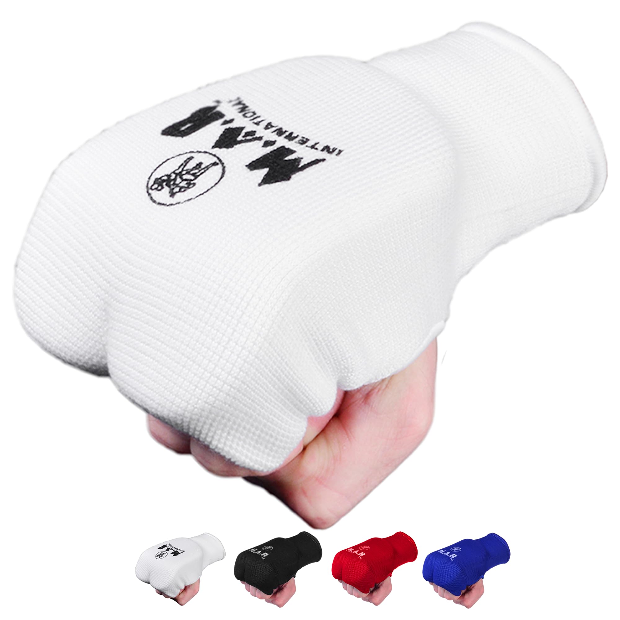 MAR | White Martial Arts Hand Mitts, Slip-On Stretch Fabric, MMA Training, Muay Thai Protection, Kickboxing, Sports Gear (Large)