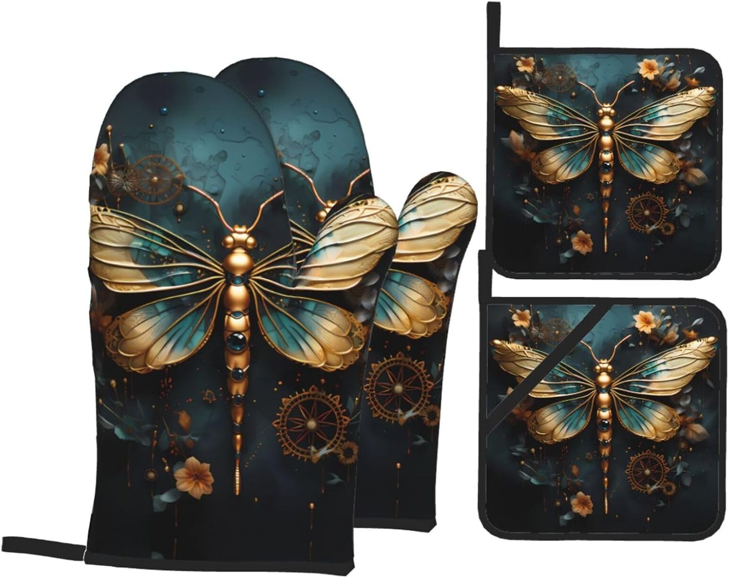 Gold Color Delicate Dragonfly Flower Printed Oven Mitts + Potholders 4-Piece Set - Great for BBQ Party Cooking