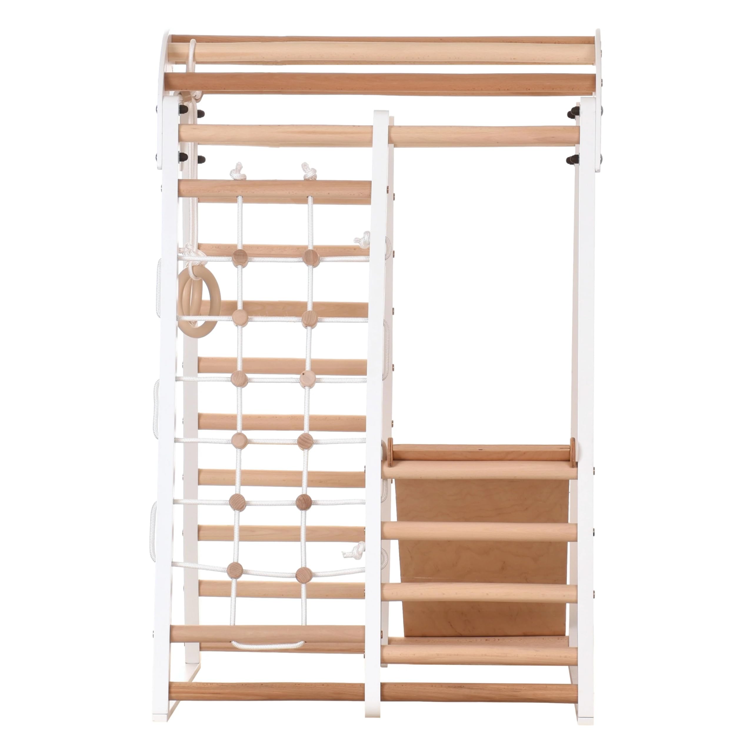 Kompaktes Indoor-Klettergerüst für Kinder & Erwachsene – Sprossenwand, Netz & Ringe – Heimtraining (EN 913) (kid2 Weiß)