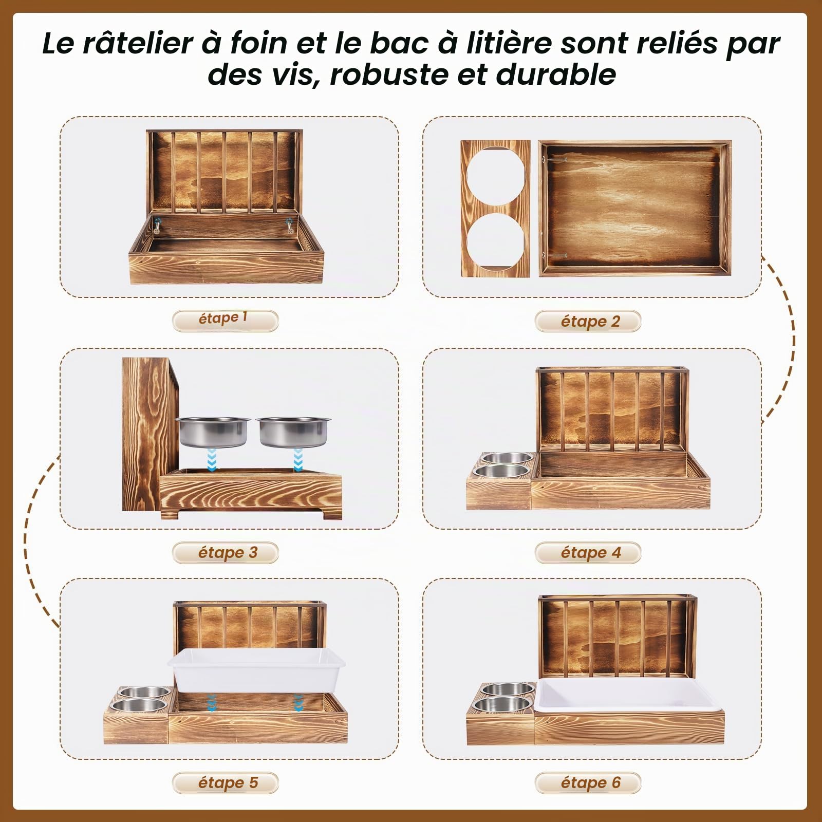 Râtelier à foin 3 en 1 en bois pour lapin, distributeur de nourriture pour petits animaux de compagnie (couleur grillée)