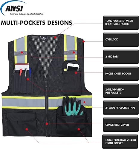 Miniatura 4 de VENDACE Hi Vis - Chaleco de malla reflectante de seguridad para hombre, ANSI Clase 2, chaleco de alta visibilidad con 8 bolsillos y cremallera