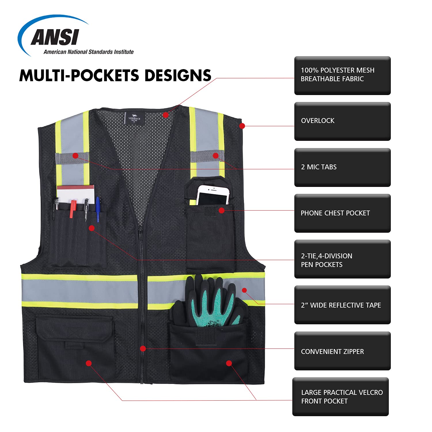 VENDACE Chaleco de malla reflectante de seguridad Hi Vis para hombre, chaleco de alta visibilidad ANSI clase 2, con 8 bolsillos y cierre