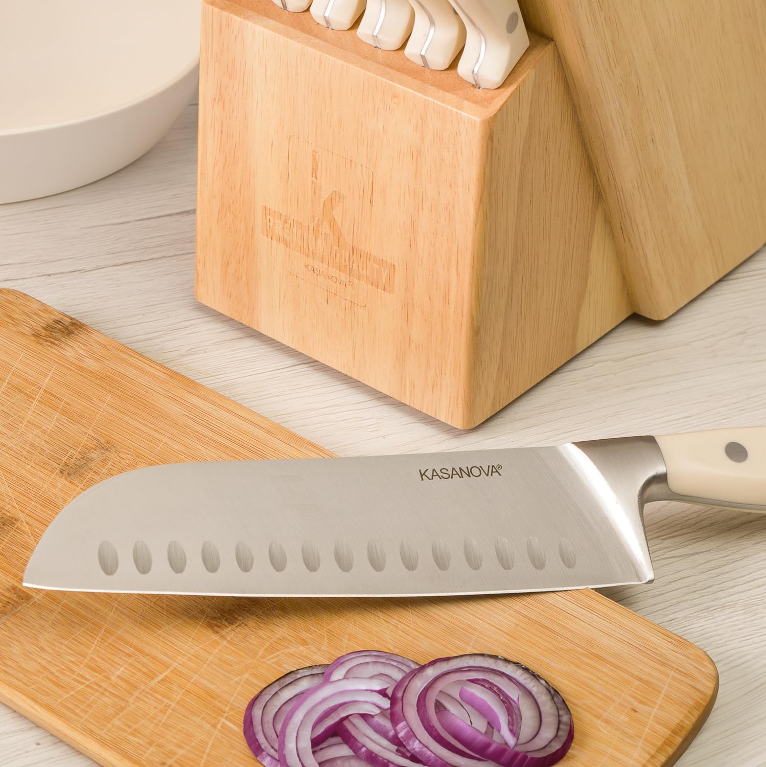 KASANOVA - Bloc en bois avec 11 couteaux, ciseaux et aiguiseur, bloc porte-couteaux de cuisine, set complet pour la cuisine