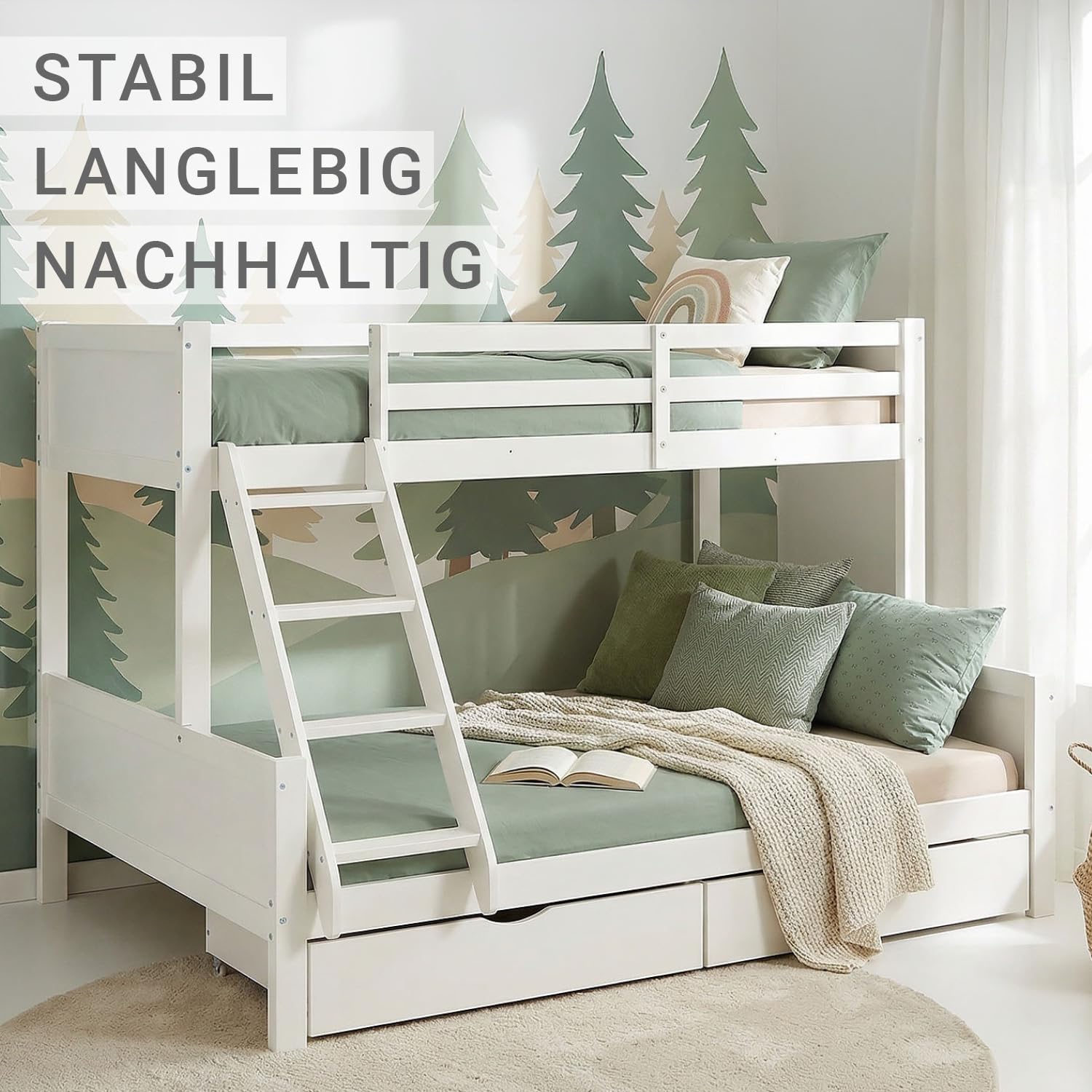 Homestyle4u Etagenbett 90x200, Hochbett mit Bettkasten, Etagenbett 140x200 mit 2 Matratzen und Lattenrosten, Stockbett Kinder Holz weiß, Doppelstockbett 90x200 und 140x200 mit Bettkasten und Matratzen
