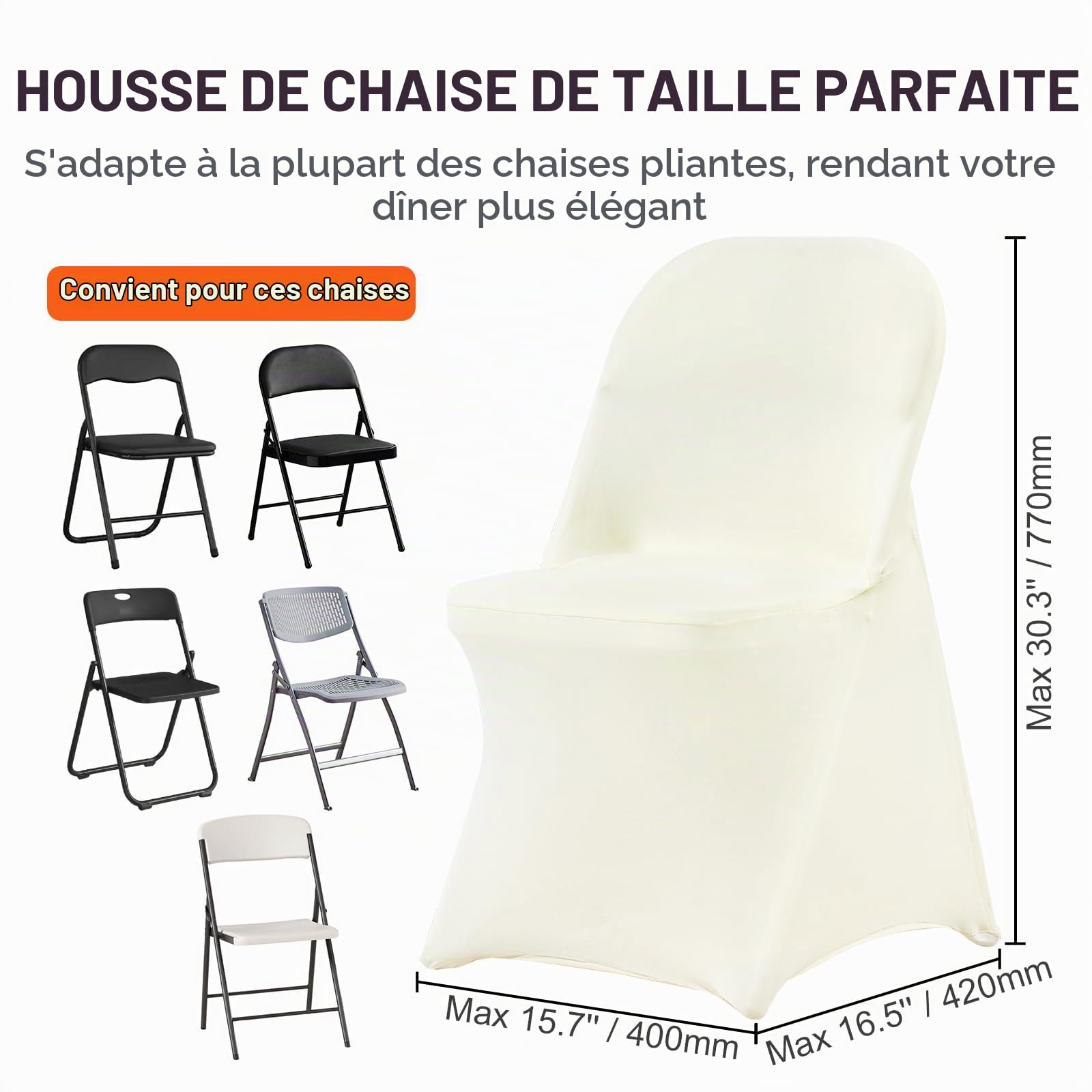 VEVOR Housses de Chaise Pliantes en élasthanne Extensible, Blanc Ivoire, Housses de Protection Universelle, Amovibles et lavables, pour Mariage, Vacances, Banquet, célébration, Salle à Manger, 30 pcs