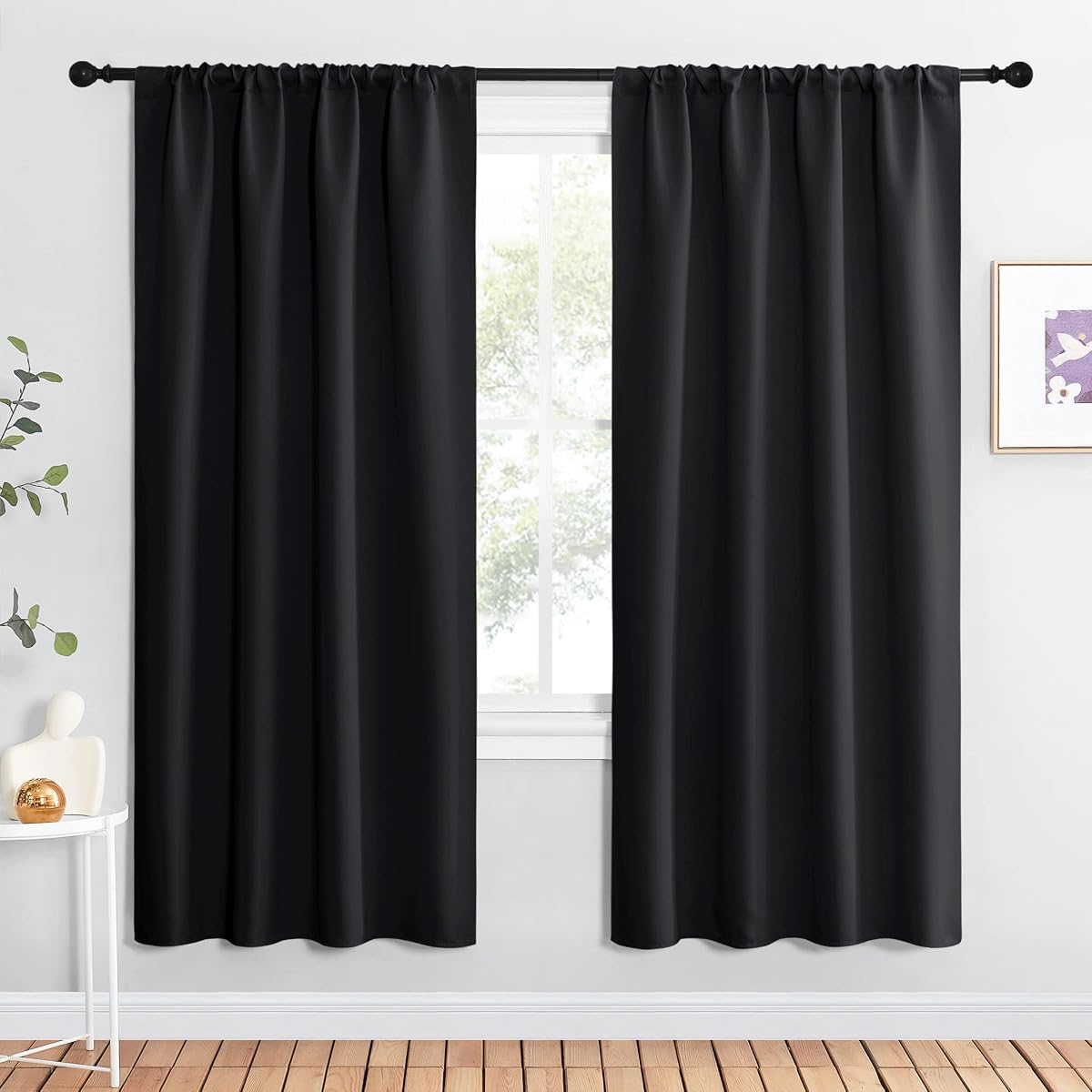 NICETOWN Cortinas opacas negras para sala de estar de 42 pulgadas de ancho x 72 pulgadas de largo, 2 paneles | Cortinas opacas sólidas con aislamiento térmico y bolsillo para barra para todas las estaciones, cortinas para ventana, decoración del hogar para oscurecer la habitación